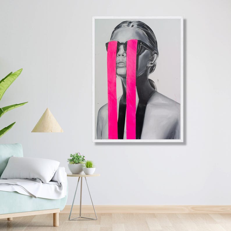 Modern Abstract Portrait Canvas Wall Art, Black Gray Female Figure, Neon Pink Stripes, Contemporary Home Decoration, Statement Wall Art image 5