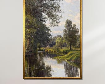 Tranquil River Landscape, Nature Wall Art, Classic Oil Painting Print, Serene Countryside Canvas, Rustic Home Decor