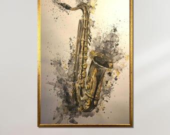 May include: A watercolor painting of a gold saxophone with black and gray watercolor splatters in the background.