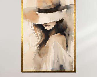 Elegant Woman in Hat Watercolor, Minimalist Fashion Art, Chic Aesthetic Wall Print, Neutral Boho Decor, Feminine Modern Artwork