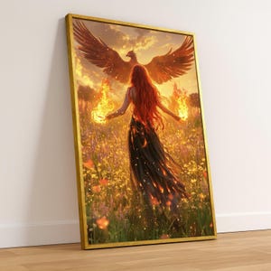 火の女神アート、燃える女性の絵画、力を与える抽象的な壁アート、すぐ