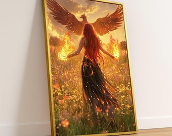 Fénix Ardiente, Lienzo de Mujer con Manos en Llamas, Arte Mural de Aves Míticas, Arte Fantástico con Llamas, Escena Mágica de la Naturaleza, Lienzo Decorativo para el Hogar