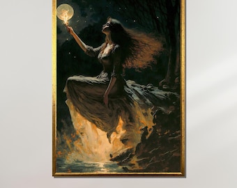 Mystical Witch Canvas, Enchanting Moonlight Art, Dark Fantasy Woman Print, Fire and Magic Wall Decor, Gothic Witch Painting