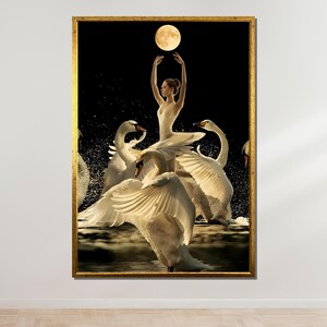 Swan Ballet Art Print, Elegant Dancer with Swans, Full Moon Wall Art, Ballet Dance Canvas, Ready to Hang Home Decor