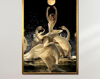 May include: A ballerina in a white tutu dances with a group of white swans under a full moon. The swans are in a body of water with ripples and splashes.