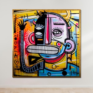 Vibrant Abstract Graffiti Face, Bold Pop Art Canvas, Quirky Urban Street Style, Contemporary Wall Decor, Ready to Hang