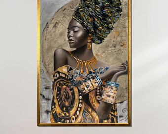 May include: A framed painting of a woman wearing a patterned head wrap, gold jewelry, and a decorative dress. The artwork features a gold frame and a neutral background with a circular design. The woman's skin tone is dark.