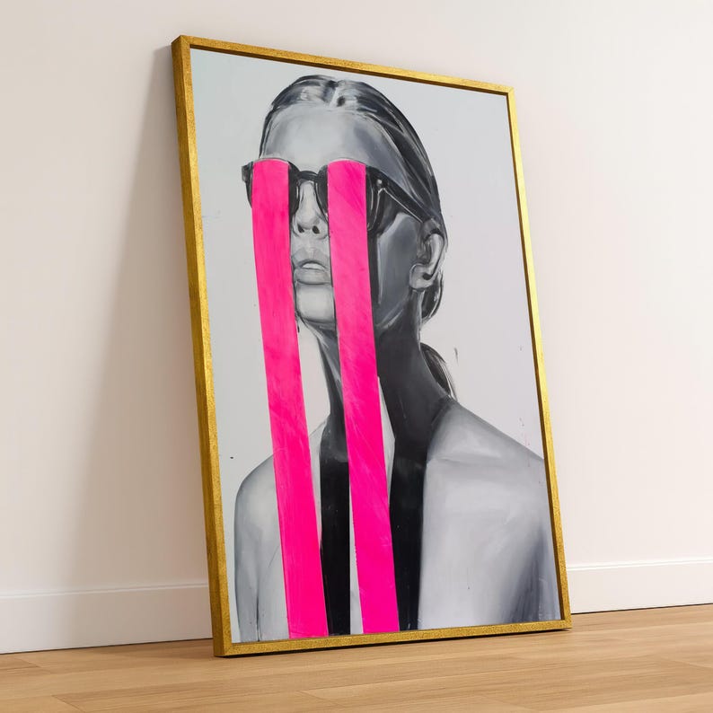 Modern Abstract Portrait Canvas Wall Art, Black Gray Female Figure, Neon Pink Stripes, Contemporary Home Decoration, Statement Wall Art image 1