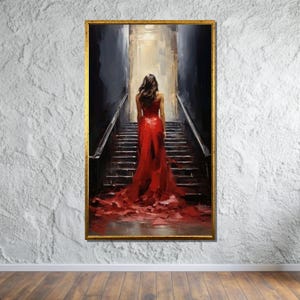 Lady in Red Canvas, Elegant Staircase Wall Art, Dramatic Woman in Red Dress, Abstract Fashion Artwork, Ready to Hang Home Decor