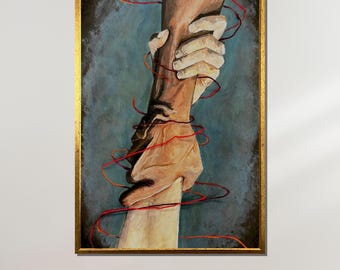Red Thread of Fate Canvas, Symbolic Hands Art, Connected Souls Wall Print, Emotional Abstract Decor, Ready to Hang