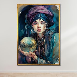 Lienzo de adivina mística, impresión artística de mujer gitana, arte de pared de fantasía con bola de cristal, decoración bohemia, cuadro listo para colgar