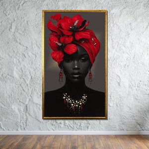 Kunglig afrikansk kvinna på canvas, väggkonst med röd blomma, djärvt porträtt av afrikansk skönhet, lyxig heminredning, redo att hängas