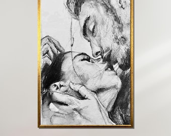 Passionate Lovers Sketch, Romantic Black and White Art, Intimate Couple Drawing, Emotional Wall Art, Ready to Hang Canvas