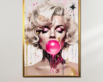 Pop-art Marilyn Monroe, bubblegum glamourdoek, moderne kleurenplonskunst, iconische Hollywood-print, klaar om op te hangen