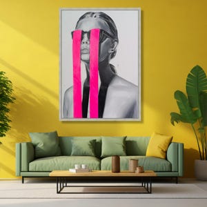 Modern Abstract Portrait Canvas Wall Art, Black Gray Female Figure, Neon Pink Stripes, Contemporary Home Decoration, Statement Wall Art image 4