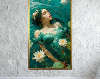 Enchanted Water Nymph Canvas, Dreamy Aquatic Art, Serene Woman in Water Poster, Mystical Lily Pond Wall Decor, Fantasy Artwork