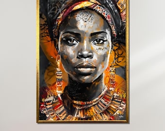 Tribal African Queen Canvas, Afrocentric Woman Portrait Art, Bold Orange Accents, Ethnic Wall Art, Vibrant African Beauty, Ready to Hang
