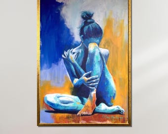 Silhouette Nuda Blu Arte, Figura Femminile Astratta, Tela Moderna per Arte da Parete, Decorazione Pronta da Appendere