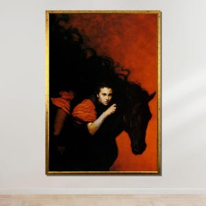 Fierce Warrior Woman on Black Horse, Dramatic Fantasy Canvas, Dark Equestrian Art, Powerful Female Portrait, Bold Red Aesthetic Wall Decor