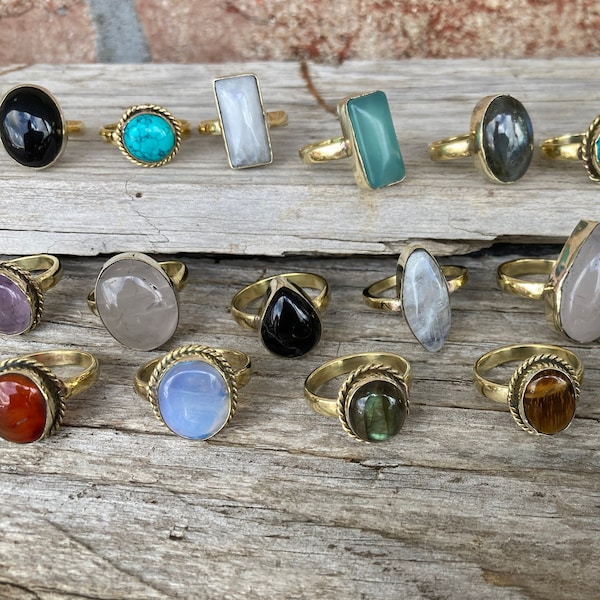 Gold Gemstone Ring, Sample From Assorted Shapes, Colors and Sizes Boho Hippie and Dainty Style Trends (Pack of 1) Select Sizes 5-6-7-8-9