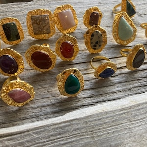 Gold Gemstone Ring, Sample From Various Shapes, Colors and Sizes - Victorian Estate Boho Hippie Style Chunky Setting (Pack of 1) Select Size