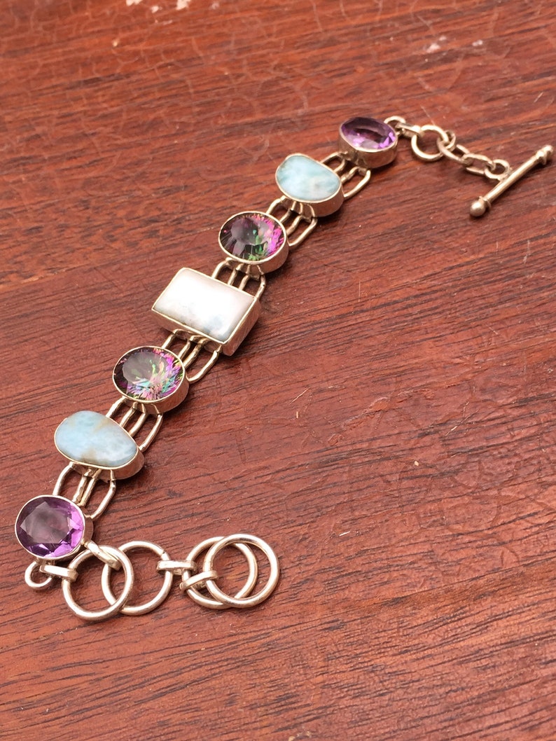 Dominican Republic Larimar And Faceted Mystic Topaz 10X15 mm Gemstone Bracelet .925 Sterling Silver 19 Grams 6-7.5 Adjustable Length