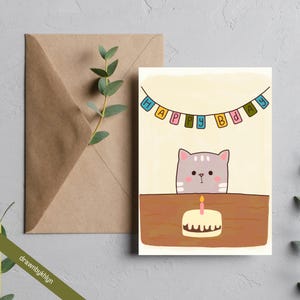 Cat with cake Birthday card | greeting card | cute birthday cards | blank card | aesthetic greeting card | cat themed greeting card