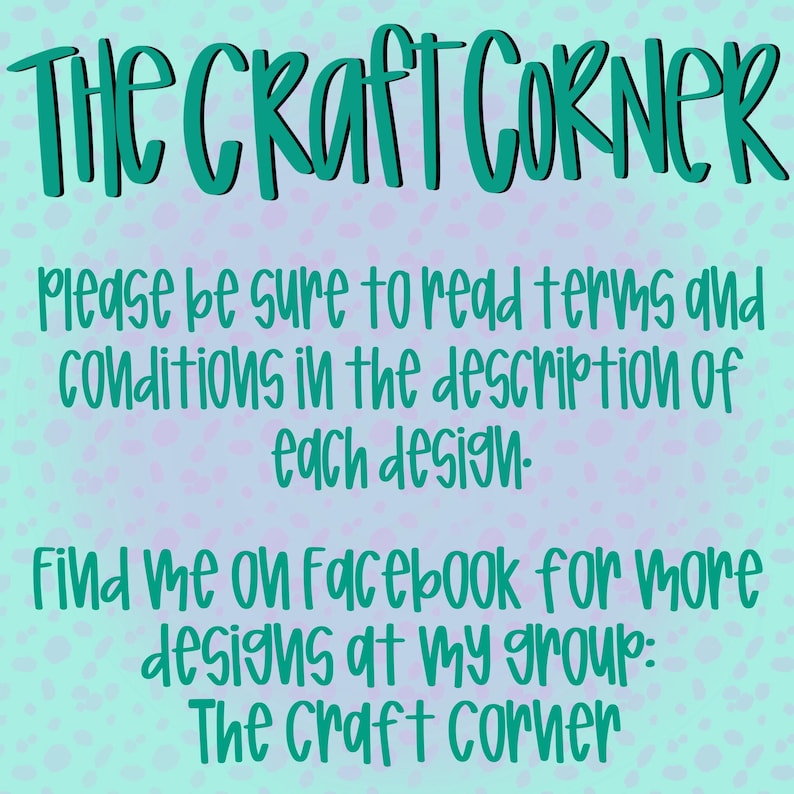 Pu&ograve; includere: Grafica verde acqua e nera con il testo "THE CRAFT CORNER". Ulteriore testo consiglia di leggere i termini e le condizioni e fornisce il nome di un gruppo Facebook. Lo sfondo &egrave; viola chiaro con piccoli punti viola pi&ugrave; scuri.
