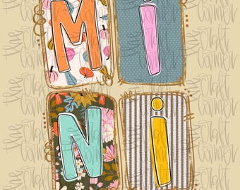 May include: Four rectangular blocks spelling "MiNi". Each letter is a different color and pattern. The "M" is orange with a pumpkin pattern. The first "i" is pink on a blue polka dot background. The "N" is teal with a floral pattern. The second "i" is yellow on a striped background.
