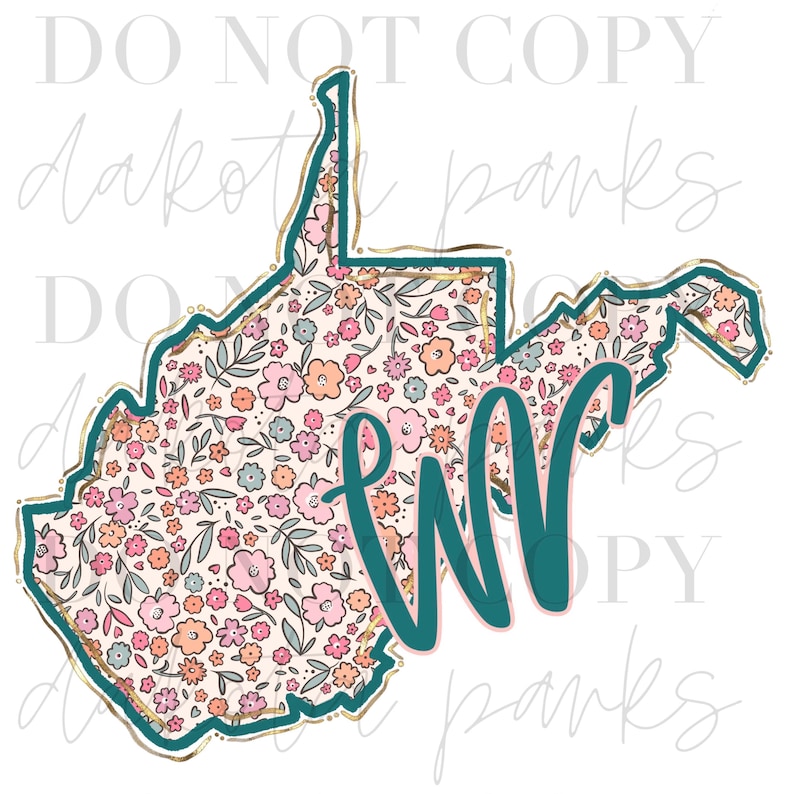 May include: A teal blue outline of the state of West Virginia with a floral pattern in pink, peach, and light blue. The letters "WV" are in teal blue and are centered on the state outline.