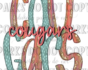 Cougars PNG, Colorful Brushstroke Retro, Watercolor, Gold Glitter, School Spirit, Team Spirit, Digital File, Sublimation, DTF, Mascot