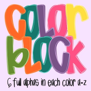 May include: A colorful graphic with the words "COLOR BLOCK" in large, bold letters. The letters are in various colors, including orange, green, purple, pink, and yellow. Below the words is the text "6 full alphas in each color a-z". The background is a light purple.