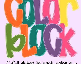 May include: A colorful graphic with the words "COLOR BLOCK" in large, bold letters. The letters are in various colors, including orange, green, purple, pink, and yellow. Below the words is the text "6 full alphas in each color a-z". The background is a light purple.