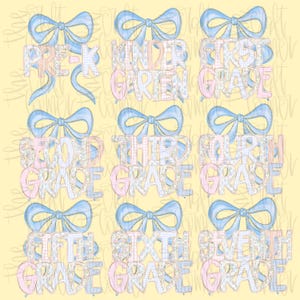 May include: A digital graphic featuring the words "Pre-K" through "Seventh Grade" in a whimsical design. Each grade level is adorned with a blue bow and a mix of floral and gingham patterns in pastel pink and blue hues, set against a yellow background.