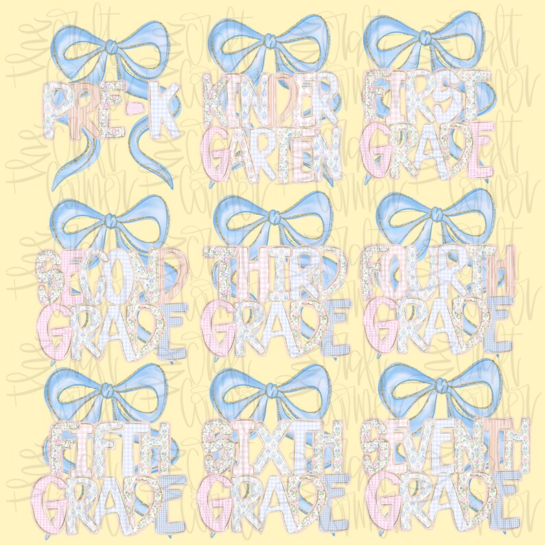 May include: A digital graphic featuring the words "Pre-K" through "Seventh Grade" in a whimsical design. Each grade level is adorned with a blue bow and a mix of floral and gingham patterns in pastel pink and blue hues, set against a yellow background.