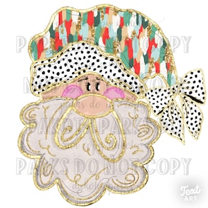 May include: A whimsical Santa Claus illustration with a colorful, abstract patterned hat, a black and white polka dot bow, and a gold glitter beard.