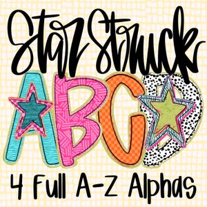 Puede incluir: Star Struck ABC, un diseño de alfabeto colorido con estrellas y letras estampadas. 4 alfabetos completos de la A a la Z.
