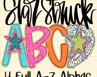 Star Struck Alpha, Preppy Alpha, Groovy Alpha Font, Font PNG, Boujee Alpha, Neon, Stars PNG, Hand Drawn Lettering A-Z Alpha