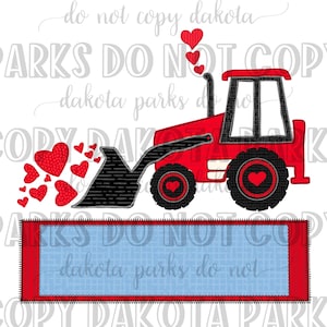 Puede incluir: Ilustración de un tractor rojo con una pala y ruedas negras, que arroja confeti en forma de corazón. El tractor tiene una cabina y un escape negros, con corazones en las ruedas. Incluye el texto "do not copy dakota" y "dakota parks do not".