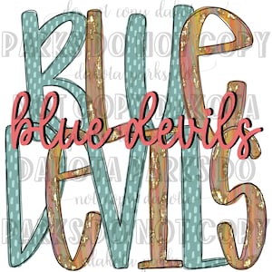May include: Blue Devils text in a layered, colorful, and glittery font. The letters are in shades of blue, pink, orange, and gold. The background is white.