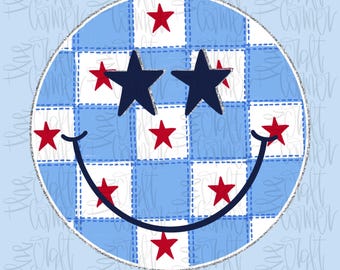 Smiley brillante de EE. UU., coqueta patriótica PNG, estadounidense PNG, EE. UU. PNG, estrellas PNG, patriótico preppy, rojo, blanco y azul PNG, DTF digital