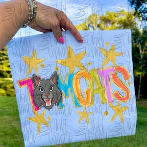 May include: Light blue t-shirt with the word "CATS" in colorful letters and a gray cat graphic. Gold stars are scattered around the text. The shirt is held up by a person.