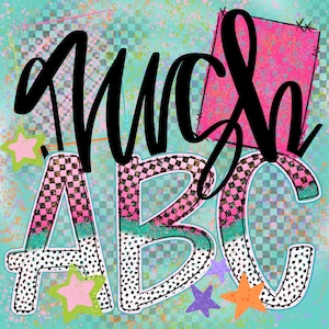 May include: A colourful graphic design with the words "Much" and "ABC" in black text. The letters are outlined in black and filled with a checkered pattern of pink and teal. There are pink, teal, purple, and orange stars scattered around the letters.