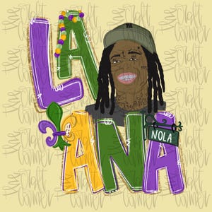May include: Illustration featuring the word "LA ANA" in purple, green, and yellow, with a fleur-de-lis and a person wearing a green cap. The image includes the word "NOLA" on a sign and Mardi Gras beads.