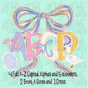 May include: Digital design featuring the letters A, B, C, and D in pastel colors with gold accents. Includes a white goose, two bows, and a gingham crest. The text reads: "4 Full A-Z Capital Alphas and 5 elements. 2 Bows, A Goose and 1 Crest."