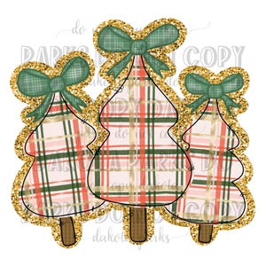 May include: Three gold glitter Christmas trees with plaid patterns in pink, green, and white. Each tree has a green bow with gold glitter accents.
