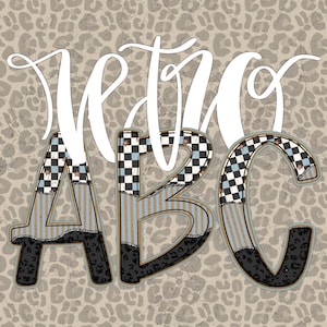 May include: A white cursive word "Welcome" above a black and white checkered, blue and gold striped, and black leopard print design of the letters "ABC".
