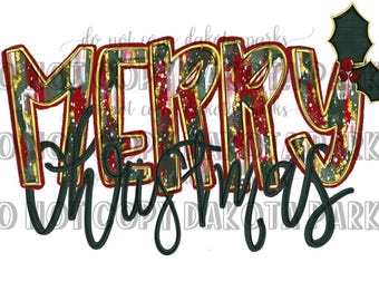 May include: A digital design featuring the words "Merry Christmas" in a festive red, green, and gold plaid pattern with a holly sprig.