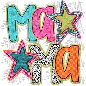 May include: A colorful graphic design with the word "Mama" in large letters. The letters are outlined in gold and filled with different patterns. Two stars are included in the design, one above the word and one below. The stars are also outlined in gold and filled with different patterns.