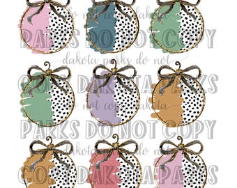 May include: Eight watercolor Christmas ornaments with gold trim and black polka dots. Each ornament is a different color: pink, blue, green, purple, orange, brown, red, and light pink.